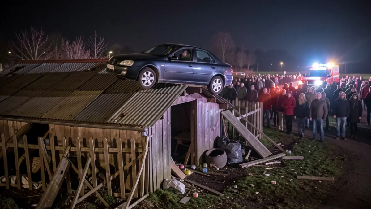 Imaxe dun coche enriba do tellado dun alpendre tras un accidente.