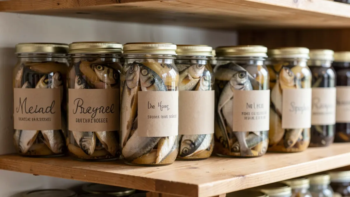 Primer plano de botes de conserva de pescado y marisco artesanales, colocados en una balda de madera con etiquetas sencillas. La luz natural destaca la textura de los productos.