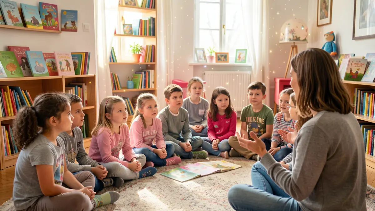 Imagen genérica de niños escuchando atentamente a un cuentacuentos en una sala con elementos mágicos.