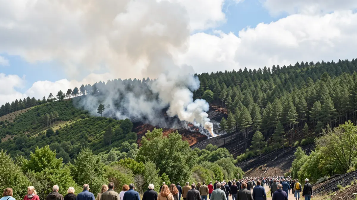Imaxe xenérica dun incendio forestal con fume sobre unha ladeira verde e zonas queimadas.