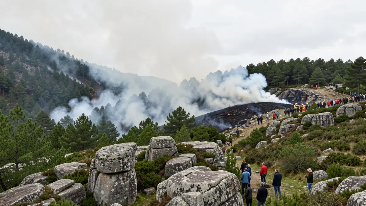 Imaxe xenérica de control dun incendio forestal en Galicia con fume e bombeiros á distancia.