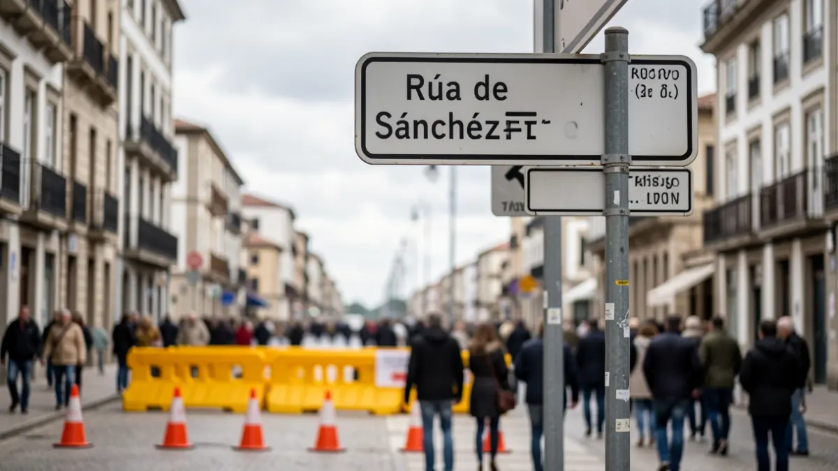 Una señal de la calle Sánchez Freire en Santiago de Compostela, con conos de tráfico y una barrera de construcción.