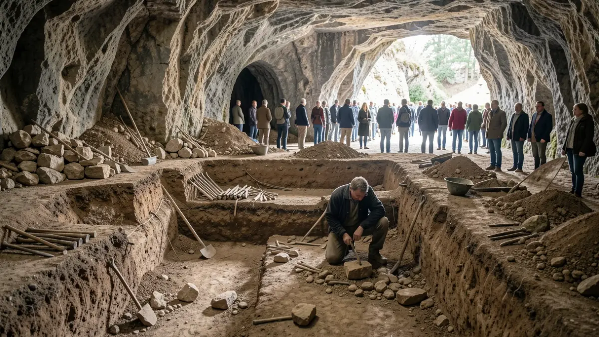 Imaxe dunha escavación arqueolóxica nunha cova con ferramentas de pedra e investigadores.