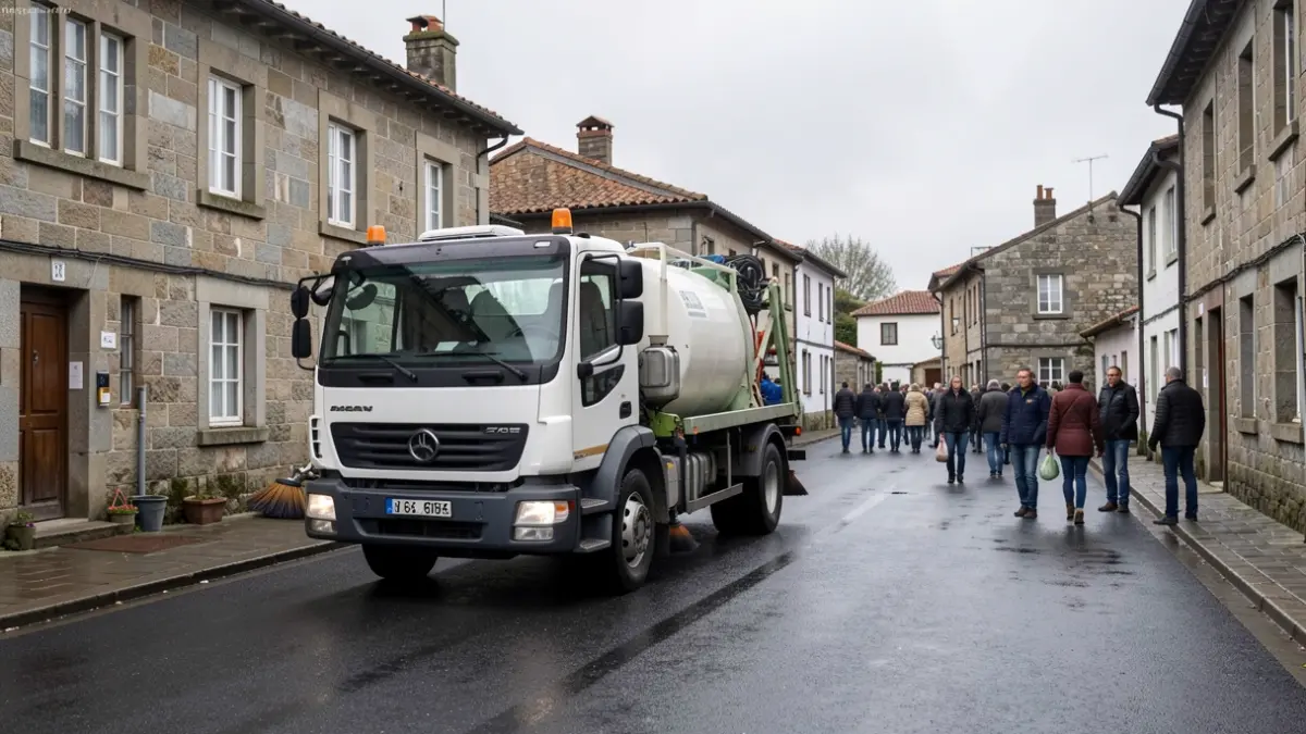 Imaxe dun camión de limpeza viaria cunha cisterna e cepillos, aparcado nunha estrada asfaltada mollada nun pobo galego, edificios de granito ao fondo, ceo nubrado.
