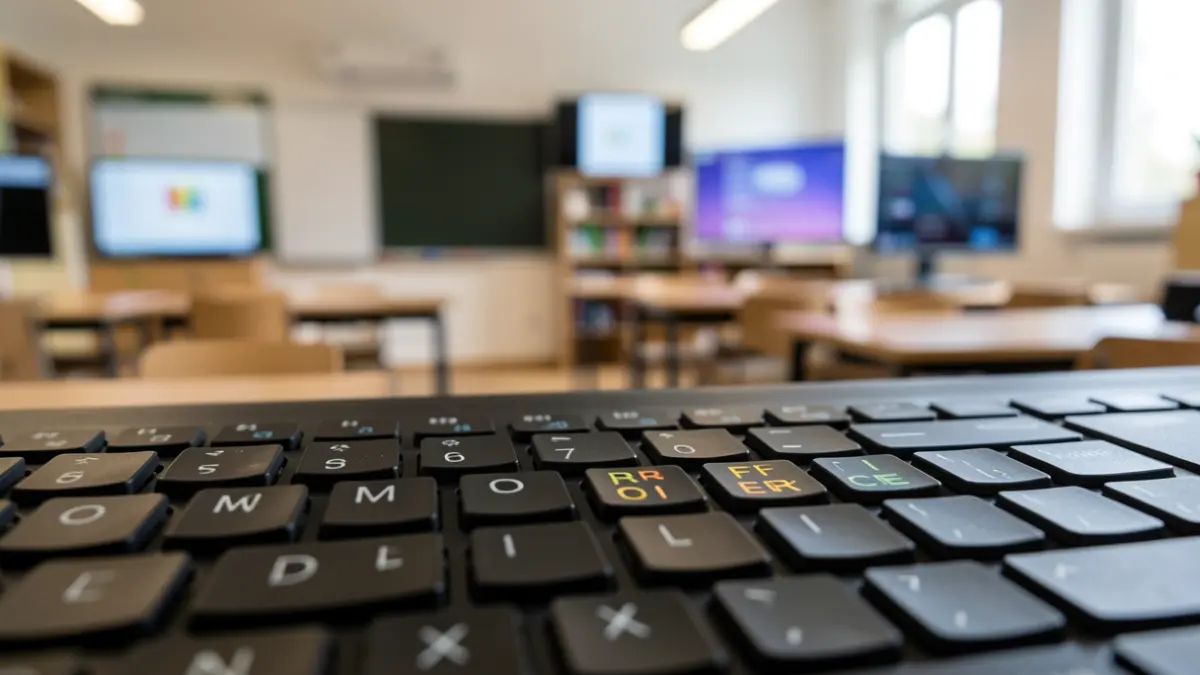 Primeiro plano dun teclado de ordenador coas teclas 'C', 'O', 'M', 'D', 'I', 'X', 'L', 'I', 'B', 'R', 'E', 'O', 'F', 'F', 'I', 'C', 'E' resaltadas, nunha aula dixital.