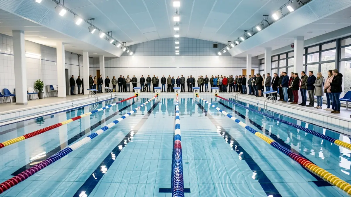 Imaxe xenérica de carrís de piscina baleira con auga azul e cordas de delimitación.
