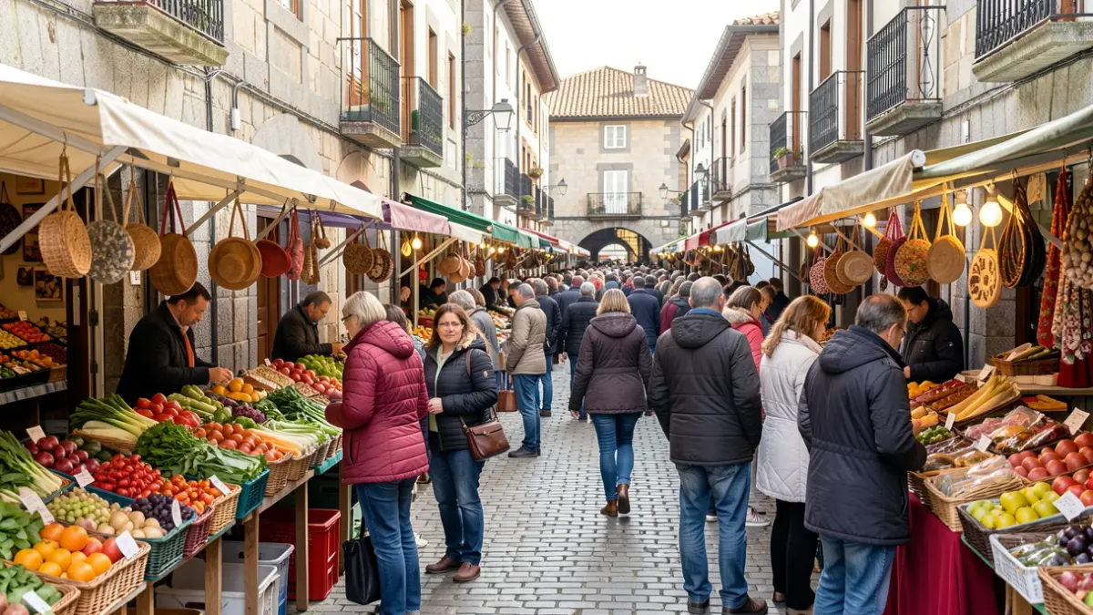 Imagen de un mercado gallego vibrante con puestos de productos frescos y artesanía, arquitectura de granito y gente interactuando.