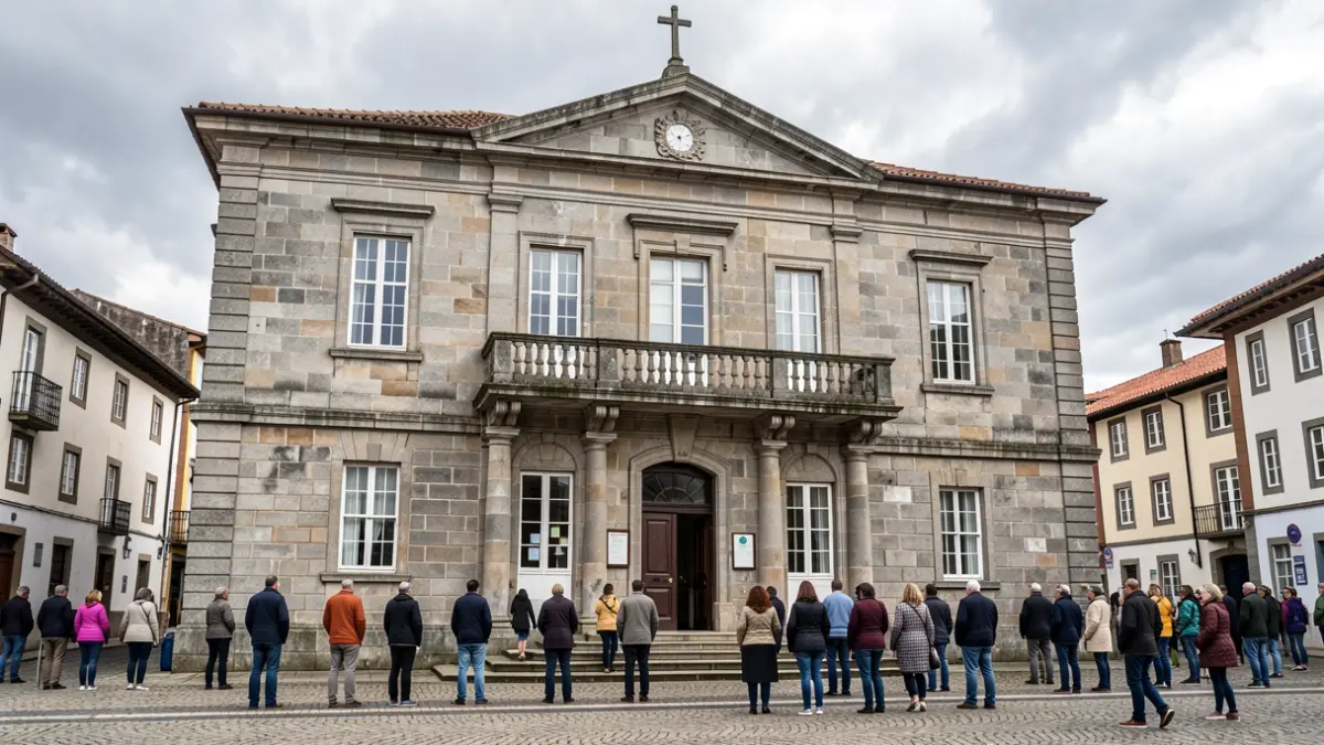 Imagen genérica del Ayuntamiento de Curtis, un edificio de granito con balcón bajo un cielo nublado.
