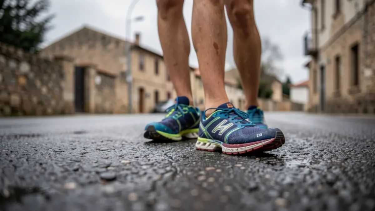 Zapatillas dun triatleta nun camiño asfaltado e mollado en Pontevedra, con edificios de pedra e ceo nubrado ao fondo.