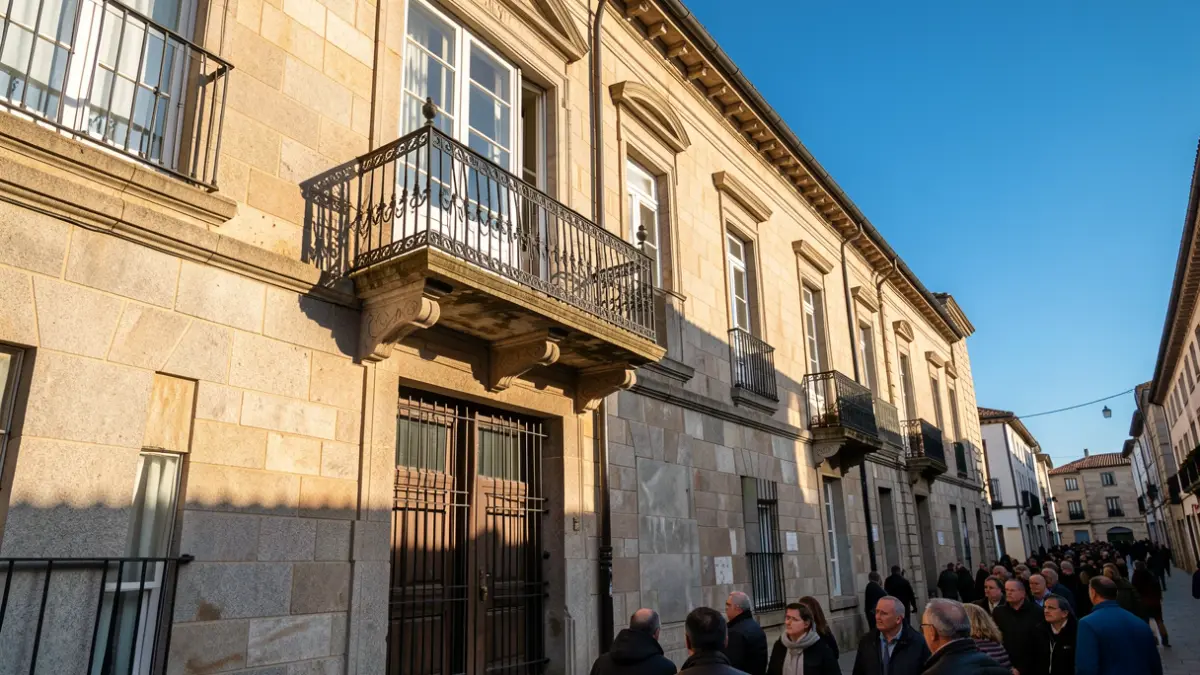Fachada de granito dun concello galego con balcón ornamentado e reixas de ferro. Luz cálida da tarde proxecta sombras nas paredes de arenito. Ceo azul.