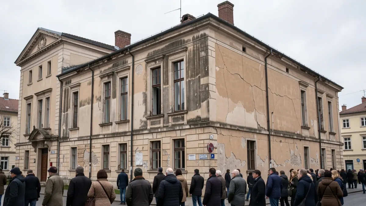 Imagen genérica de un edificio público con daños visibles en la fachada y signos de deterioro.