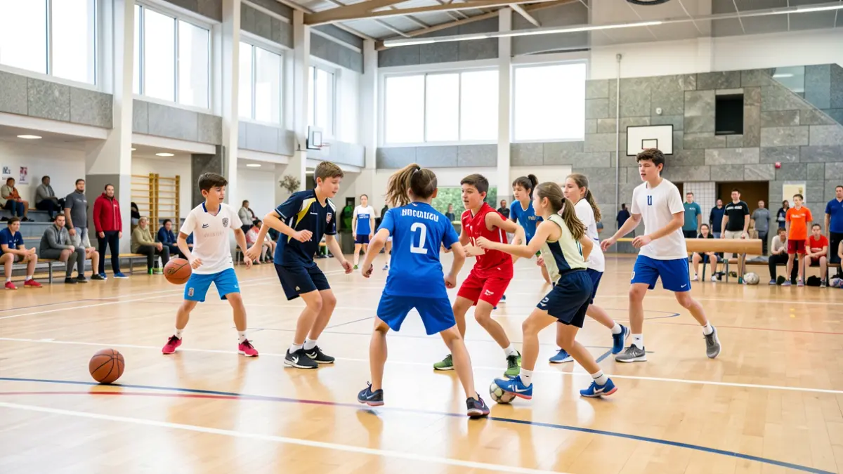 Imagen genérica de jóvenes deportistas practicando baloncesto, balonmán y gimnasia en un pabellón deportivo moderno.