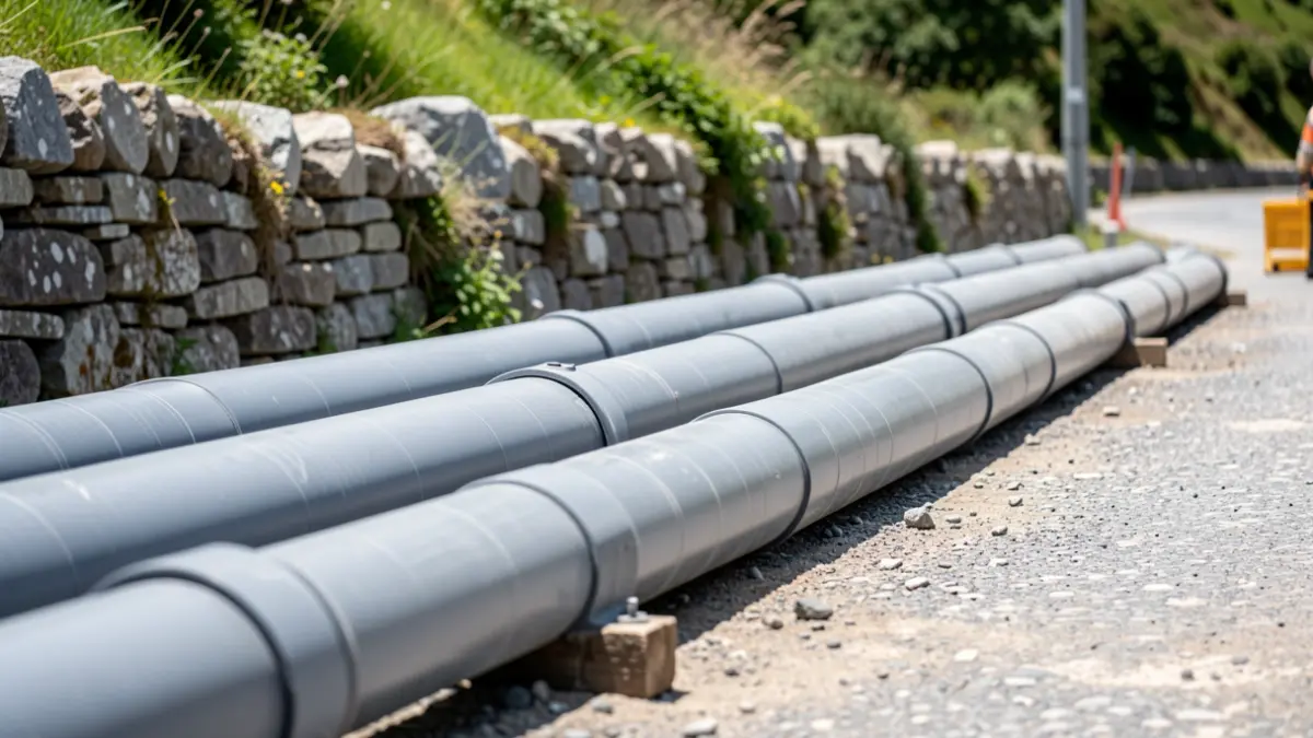 Imagen de primer plano de tuberías de saneamiento instaladas en una carretera de Caldas de Reis, con muros de piedra y vegetación.