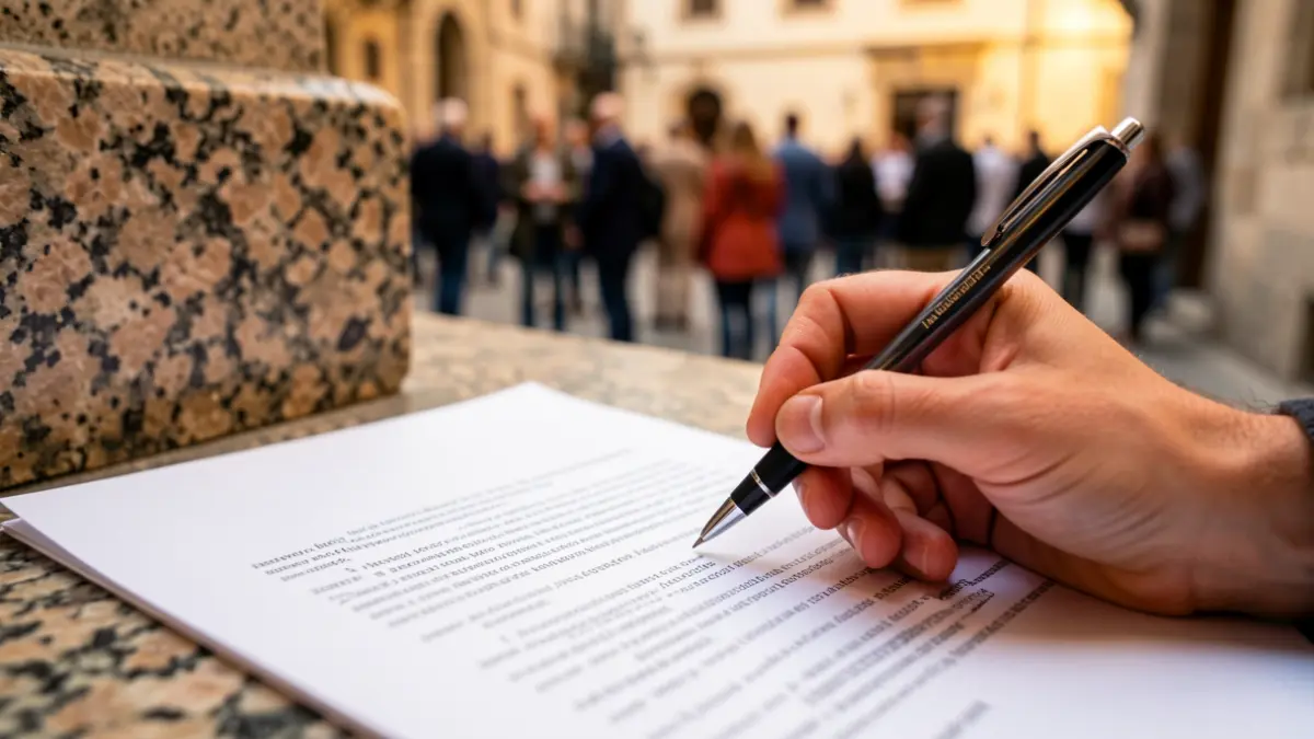 Primeiro plano dunha man cun bolígrafo sobre un documento, simbolizando investigación e desenvolvemento artístico.