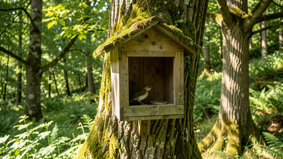 Imagen de una caja refugio de fauna instalada en un árbol en un bosque gallego.