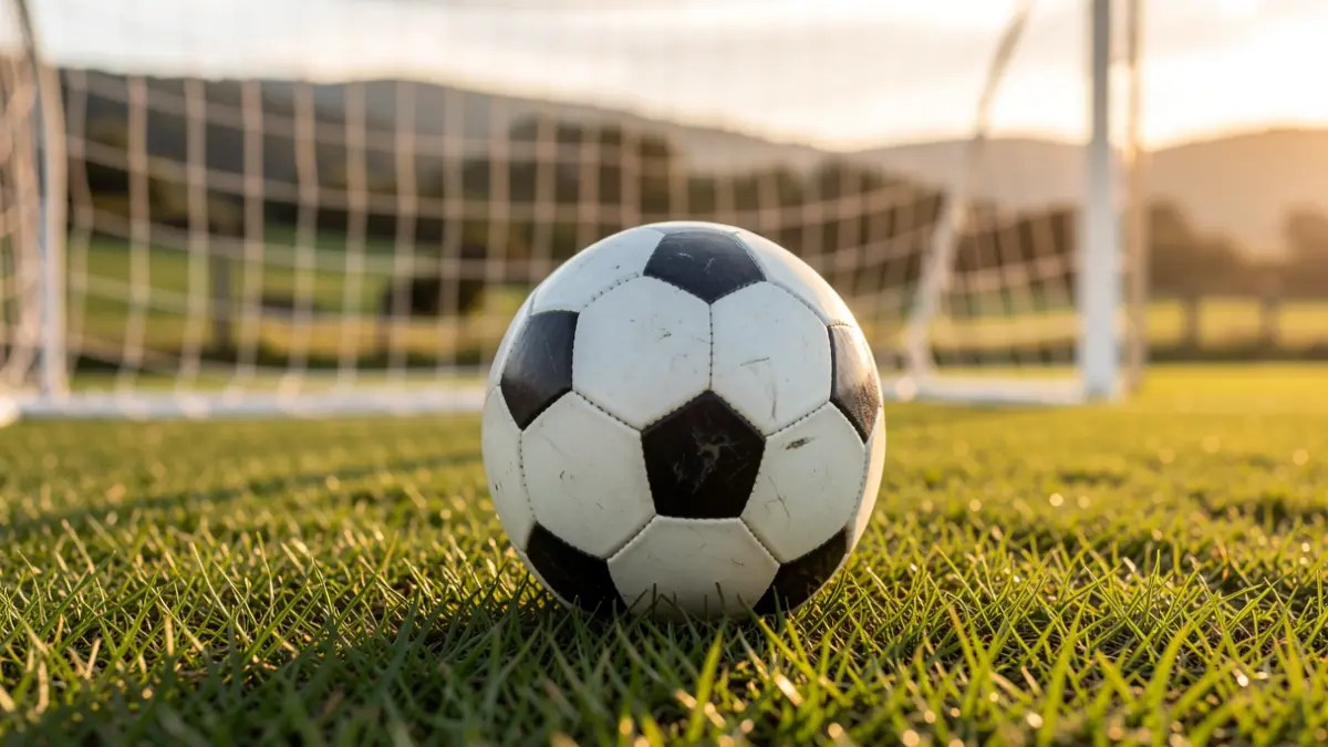 Imaxe xenérica dun balón de fútbol sobre herba cunha rede borrosa ao fondo.