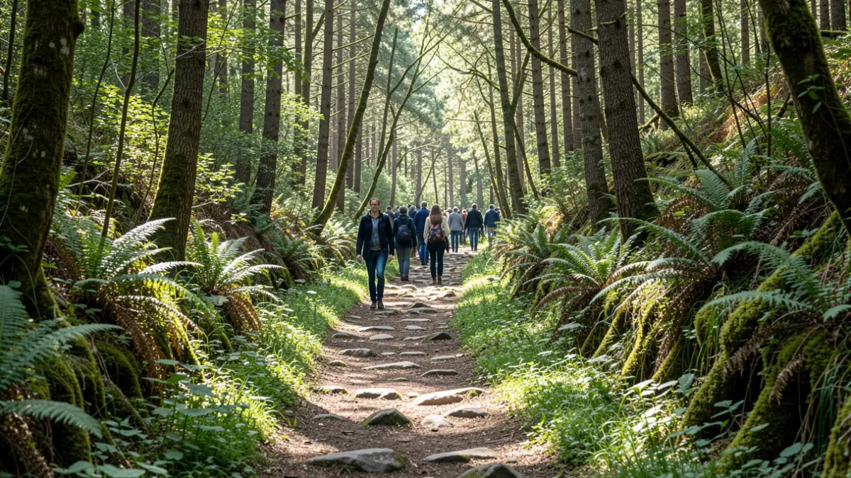 Imagen genérica de sendero en un bosque gallego con luz solar filtrada.
