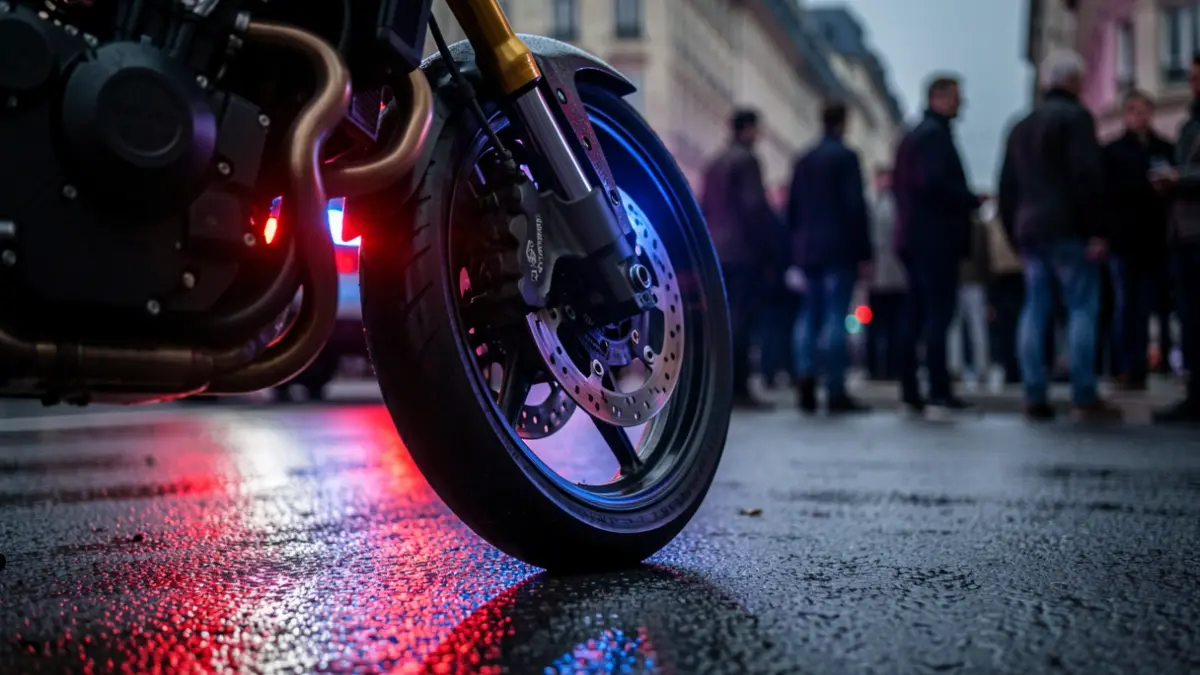 Primera plana de una rueda de moto bajo luces de emergencia.