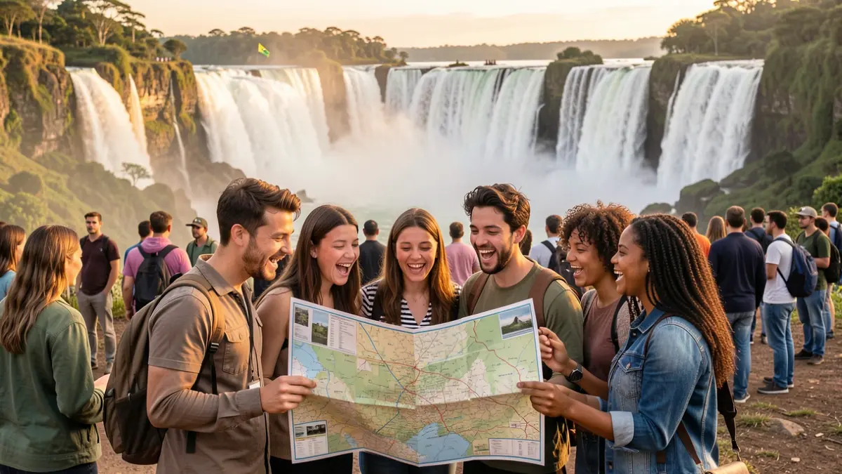 Imaxe de mozos e mozas observando un mapa coas Cataratas do Iguaçu ao fondo.