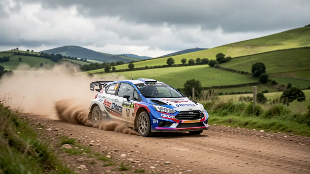 Imaxe dun coche de rally correndo nunha pista de terra en Galicia, con outeiros verdes e ceo nubrado ao fondo.