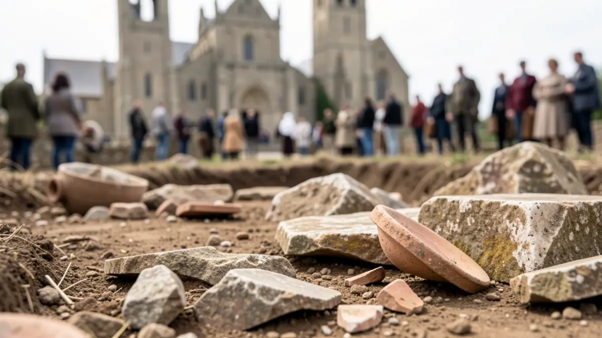 Imaxe de fragmentos de pedra e cerámica antiga desenterrados nunha escavación arqueolóxica.