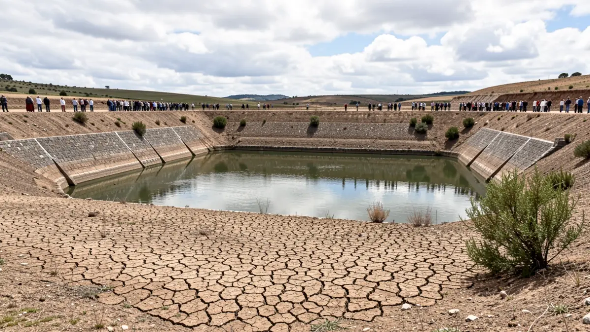 Imagen de un embalse casi vacío en Galicia, con marcas de nivel de agua en las paredes de piedra y tierra seca alrededor.