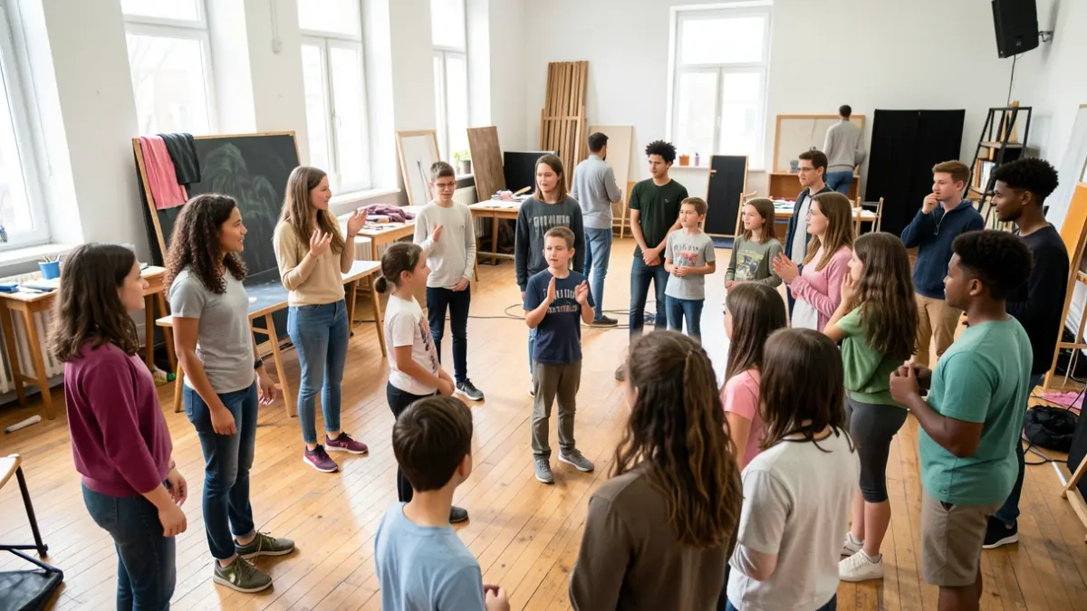 Niños y jóvenes participando en un taller de teatro con atrezo al fondo.