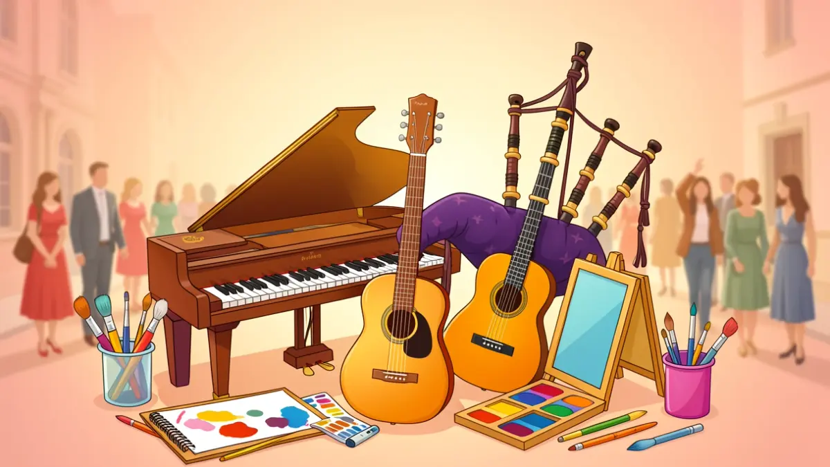 Imagen genérica de instrumentos musicales y material de pintura para actividades culturales infantiles.