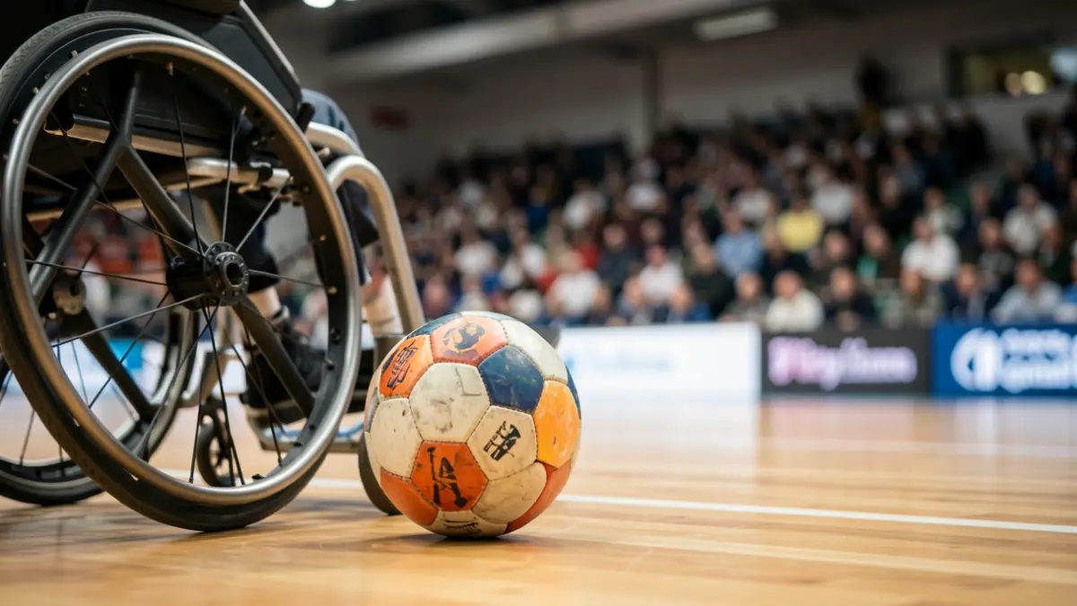 Imaxe xenérica dun balón de balonmán sobre unha pista deportiva.