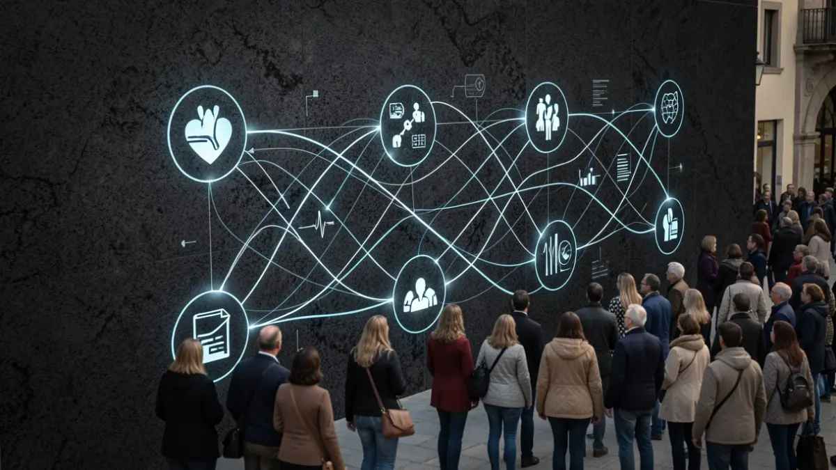 Imagen genérica de innovación en salud con elementos digitales y texturas gallegas.