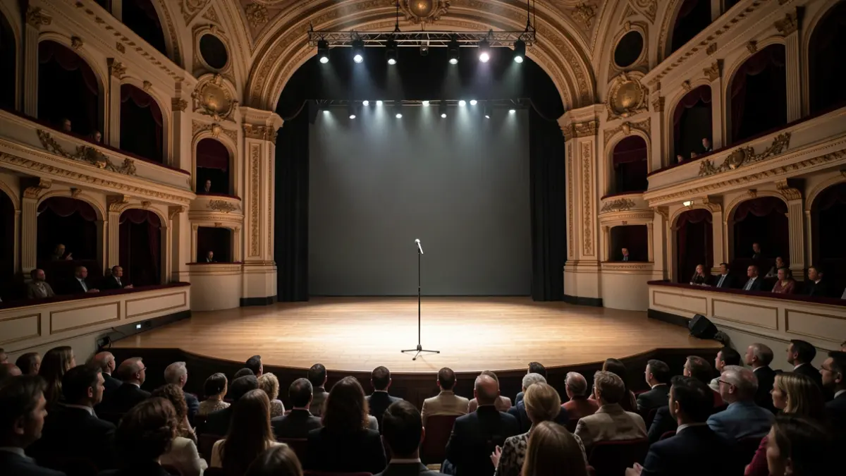 Imagen genérica de un escenario de teatro vacío con focos de luz.