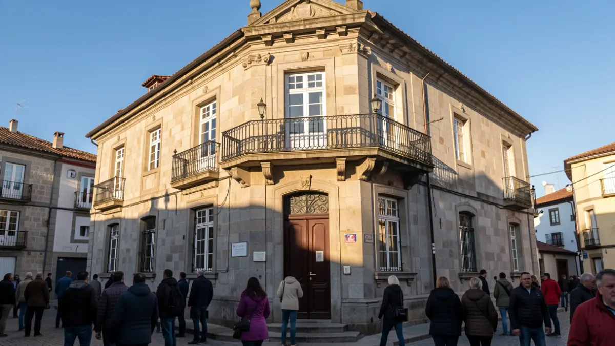 Fachada dun concello de granito galego con balcón ornamentado e varanda de ferro, iluminada pola luz cálida da tarde que proxecta longas sombras, ceo azul despexado, estilo fotografía documental.