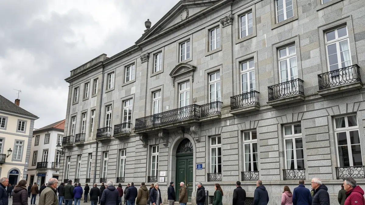 Imagen genérica de un ayuntamiento gallego de granito bajo un cielo nublado.