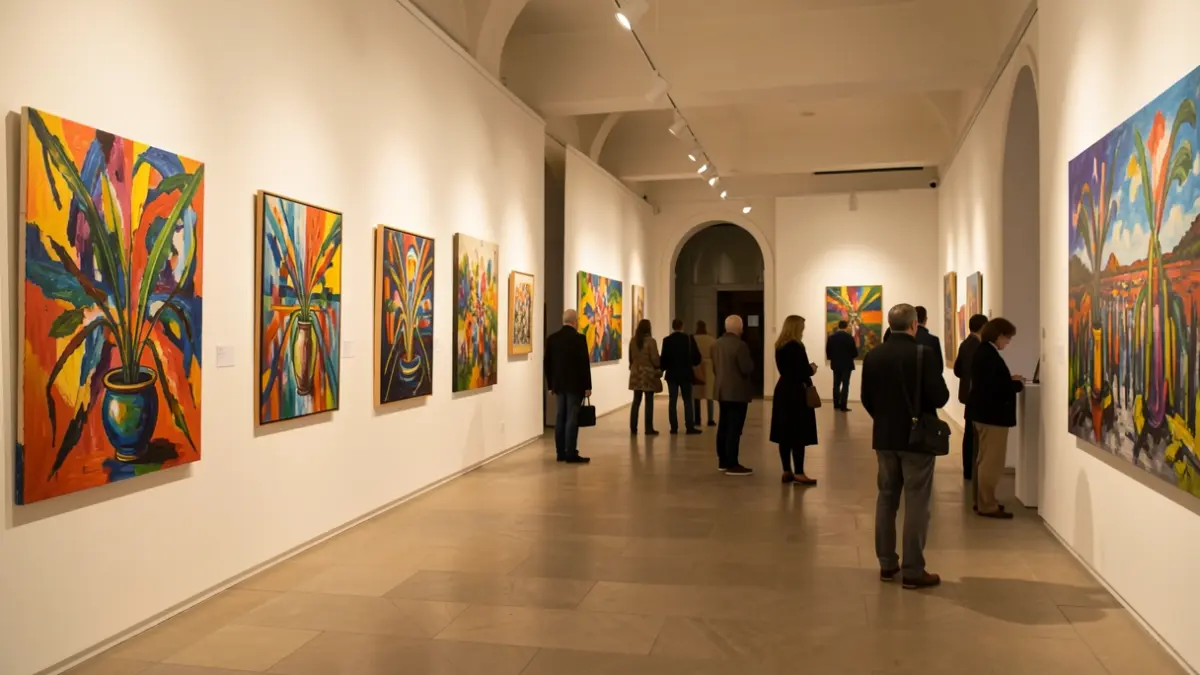 Imagen genérica de una sala de exposiciones de arte con cuadros coloridos.
