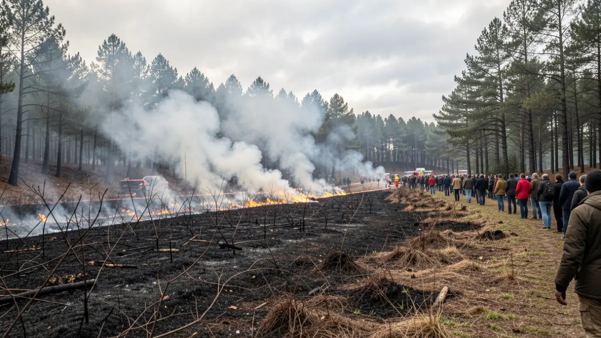 Imaxe dun incendio forestal controlado en Galicia, con fume e vexetación queimada.