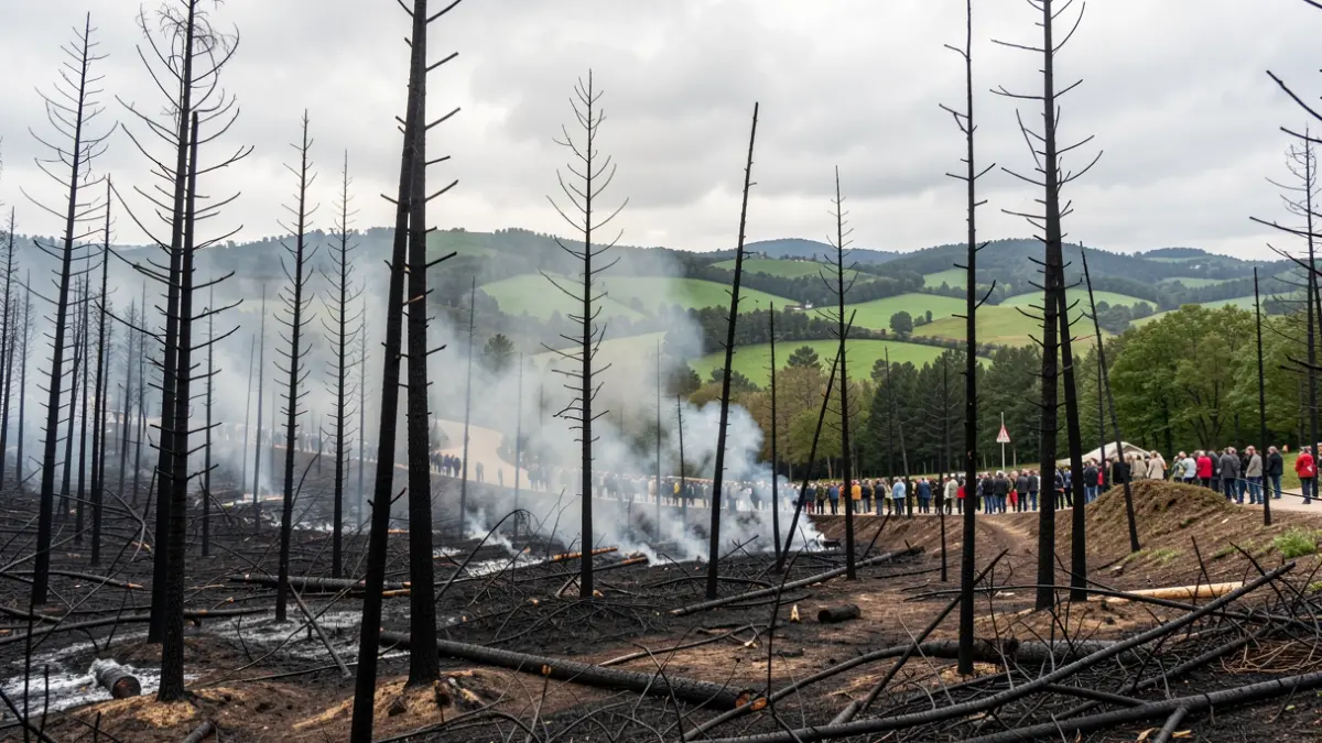 Imaxe xenérica de incendio forestal en Galicia con árbores calcinadas e fume.