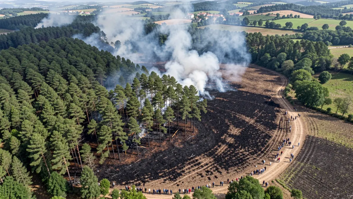 Imaxe xenérica de incendio forestal en Galicia con fume e terra queimada.