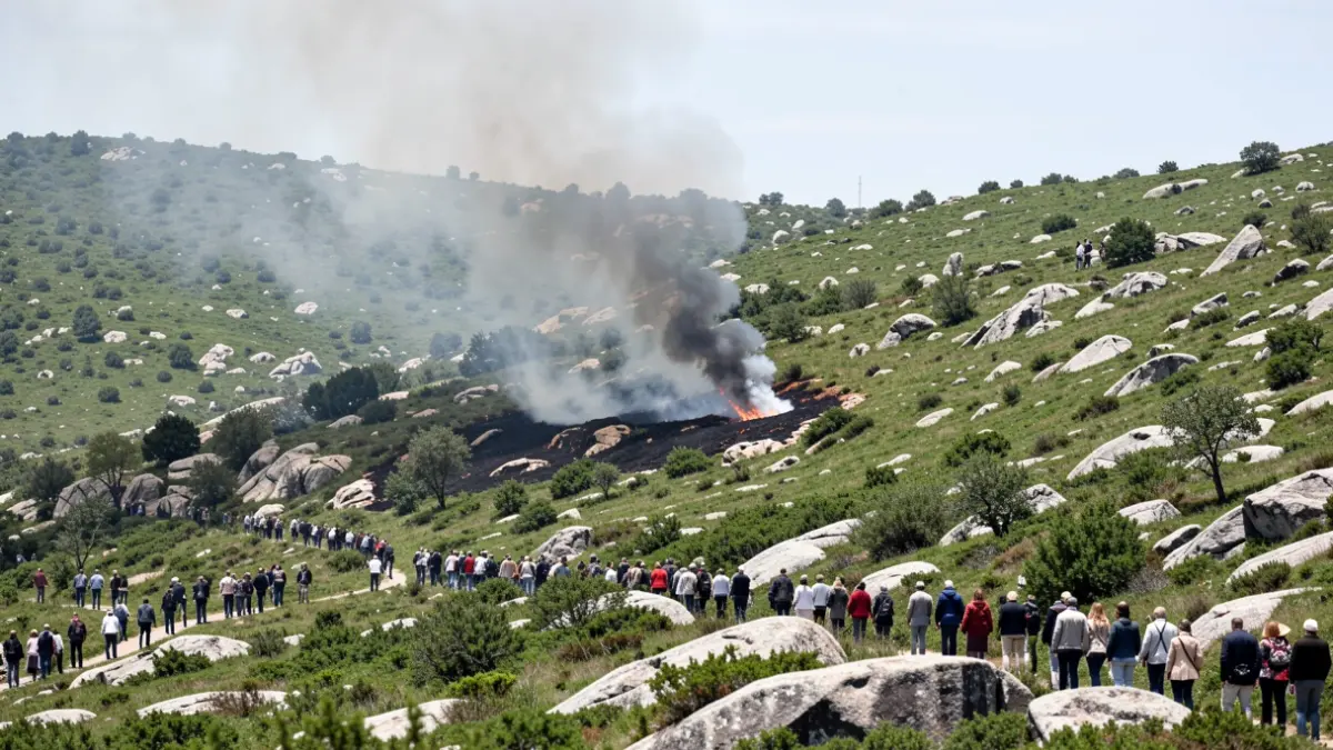 Imaxe dun pequeno conato de incendio forestal nunha ladeira verde en Galicia, con fume controlado.