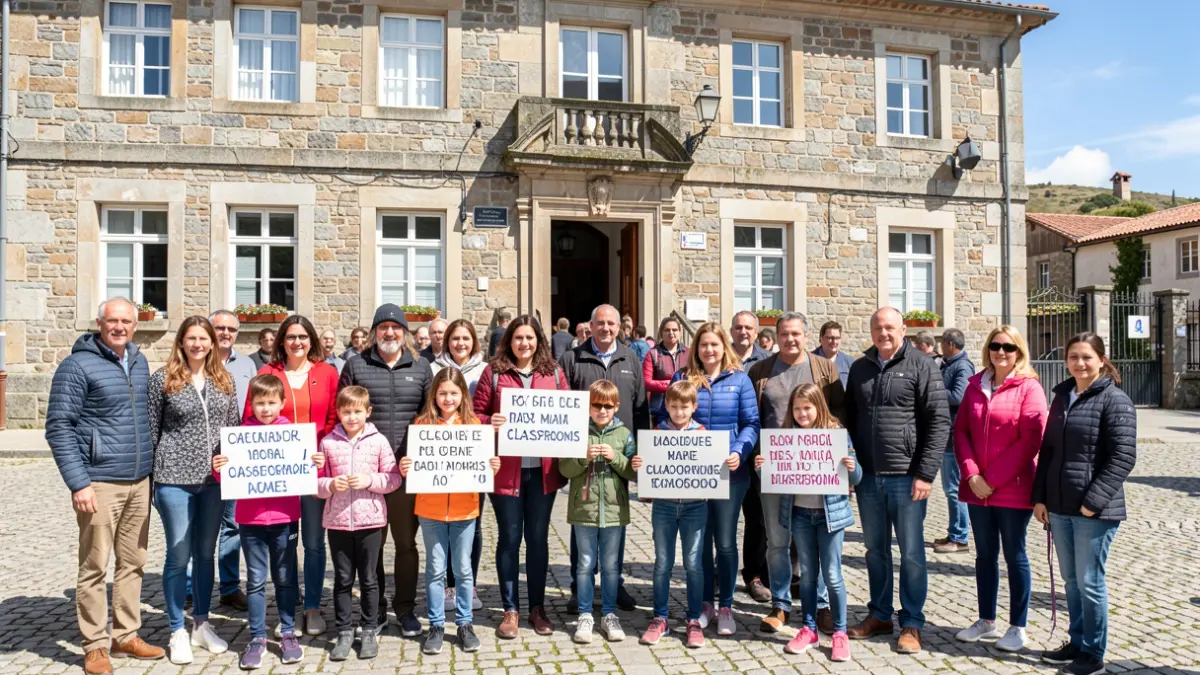 Imagen genérica de padres y niños delante de un colegio con carteles.
