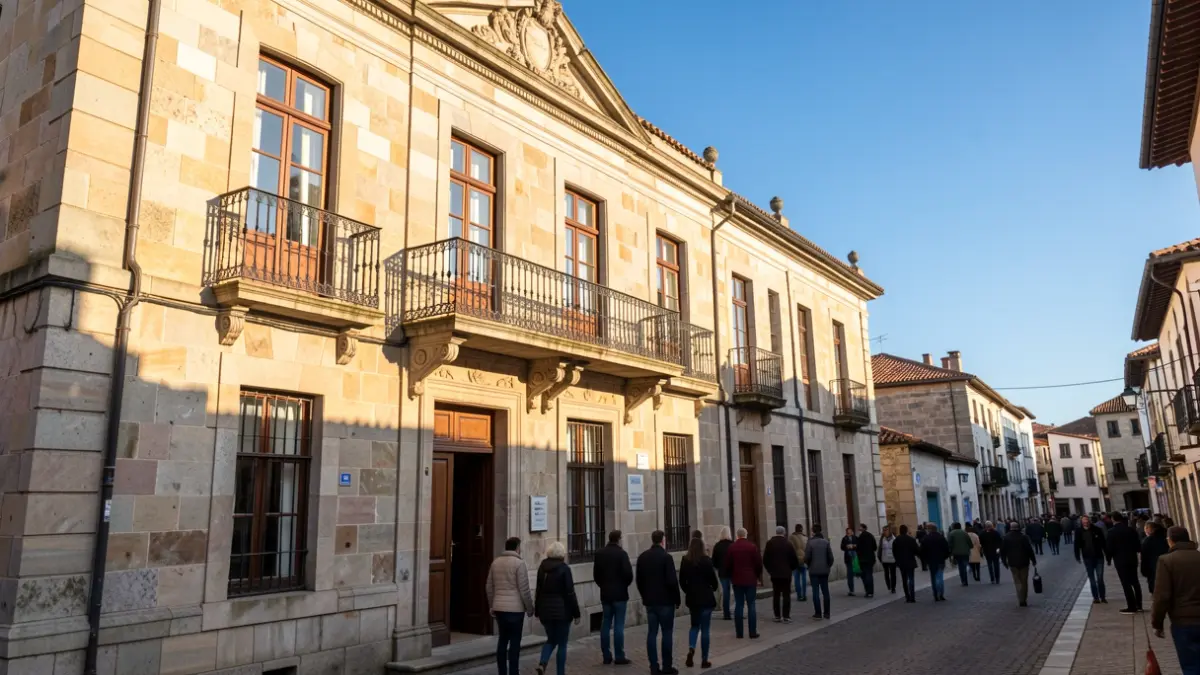 Fachada de un ayuntamiento de granito en Galicia con balcón ornamentado y barandillas de hierro, cálida luz solar de la tarde.