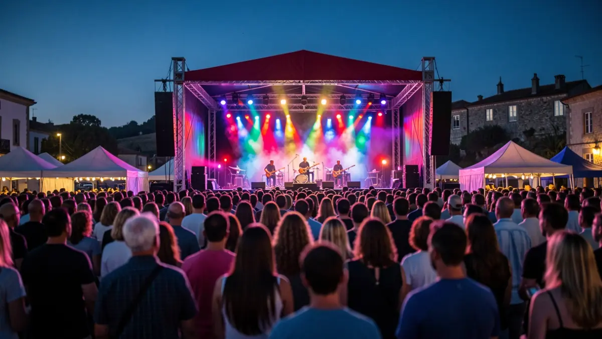Imaxe dun festival de música ao aire libre en Galicia ao anoitecer, con luces de escenario e público difuminado.