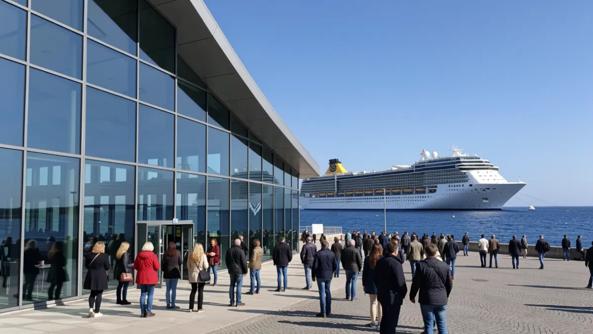 Imagen de una moderna terminal de cruceros en Ferrol, con el mar y un barco a la vista.