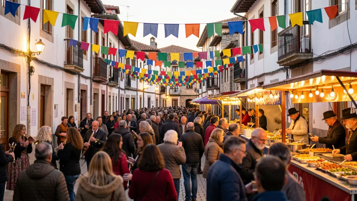 Imaxe xenérica de festa de barrio en Galicia con xente, música e postos de comida.