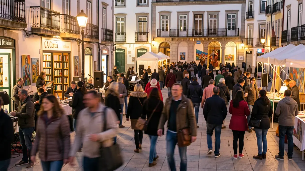 Imagen genérica de un festival cultural diverso en A Coruña, con gente disfrutando de música y arte en espacios públicos.