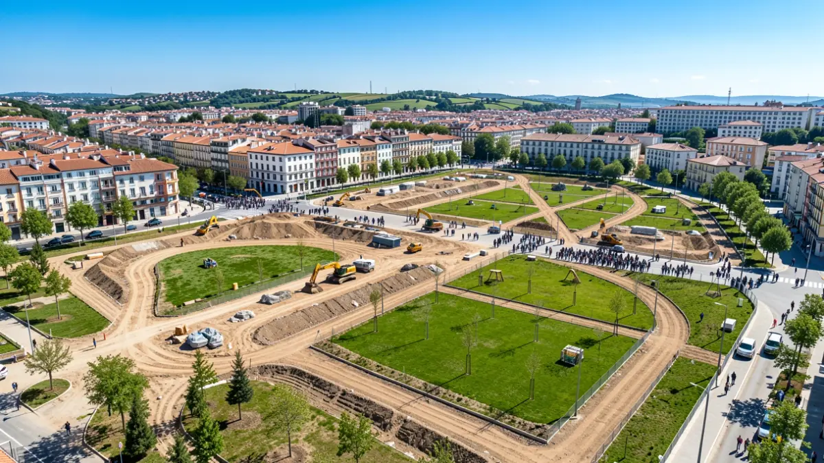 Vista aérea de un gran parque urbano en construcción en Pontevedra, Galicia, con zonas verdes y equipamientos.