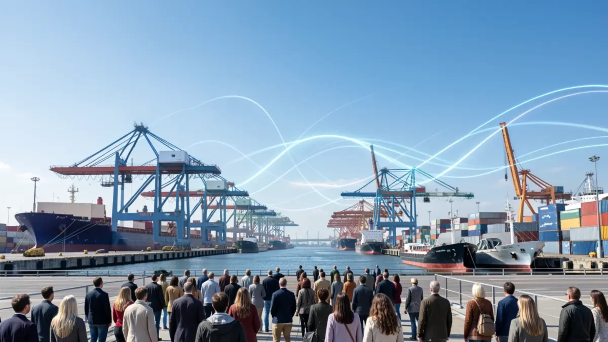 Imaxe xenérica de instalacións portuarias modernas con guindastres e barcos.