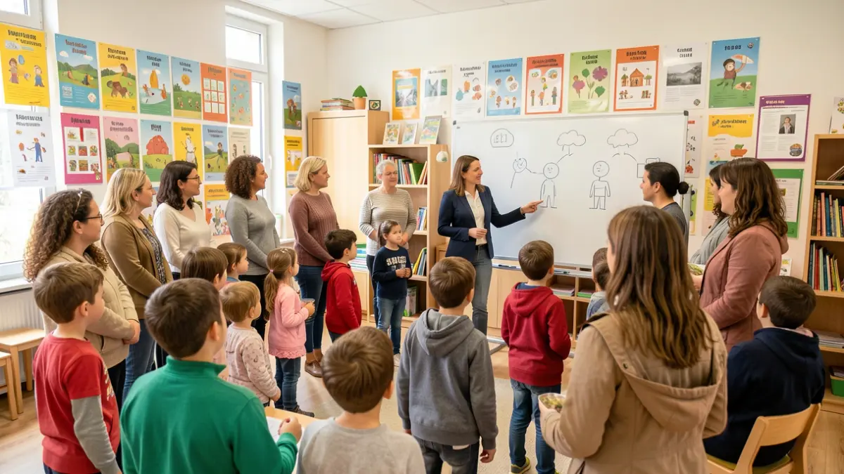 Imaxe xenérica de pais e fillos nun centro comunitario en Galicia.