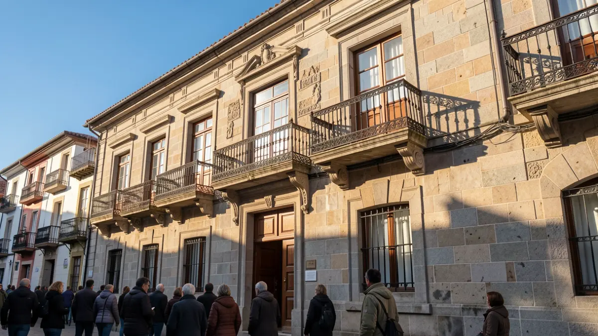 Imaxe xenérica dunha fachada de casa do concello de granito galega con balcóns ornamentados e raís de ferro, á luz cálida da tarde.