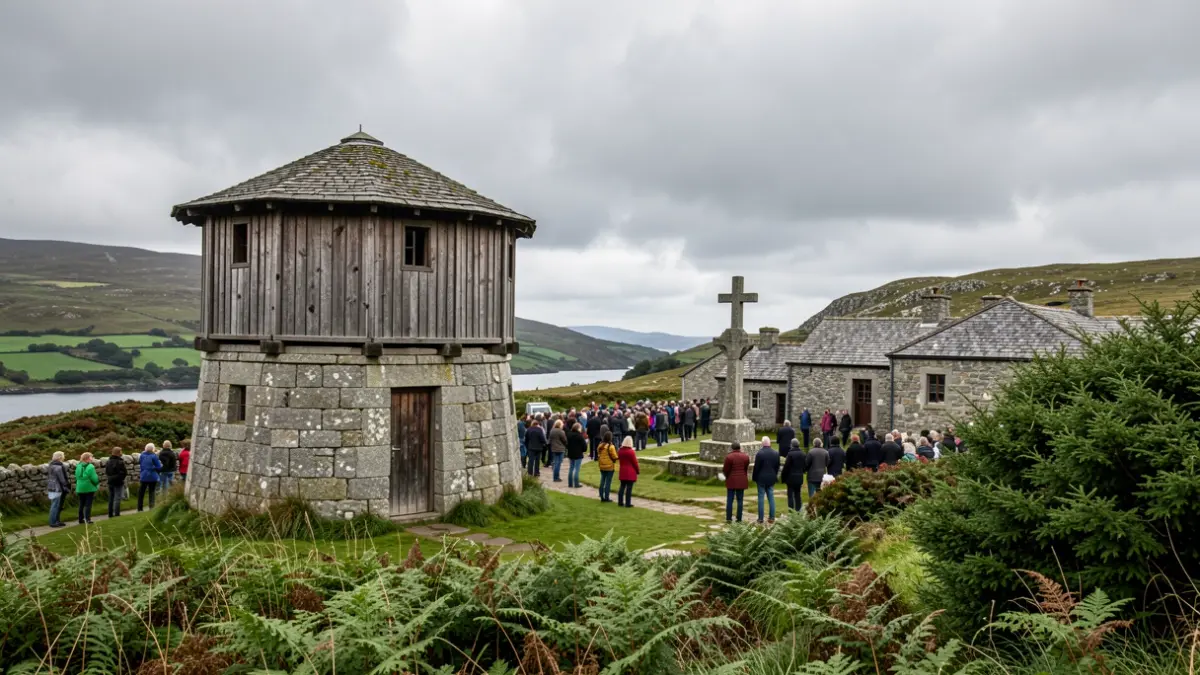 Imaxe xenérica dunha paisaxe galega con arquitectura de granito, hórreo e cruceiro.