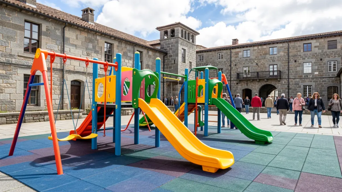 Imagen de un parque infantil renovado en Ponte Carreira, Frades, con nuevos juegos y suelo de seguridad.